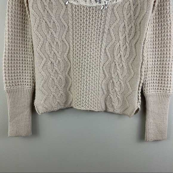 FREE PEOPLE Ivory Creme Aurora Jewel Embellished Lace Trim Wool Knit Sweater - Picture 4 of 12